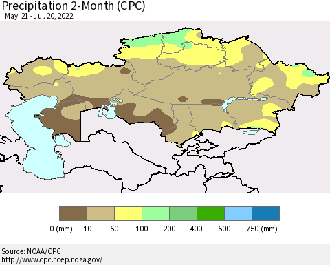 Kazakhstan Precipitation 2-Month (CPC) Thematic Map For 5/21/2022 - 7/20/2022