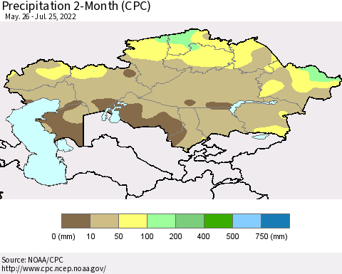 Kazakhstan Precipitation 2-Month (CPC) Thematic Map For 5/26/2022 - 7/25/2022