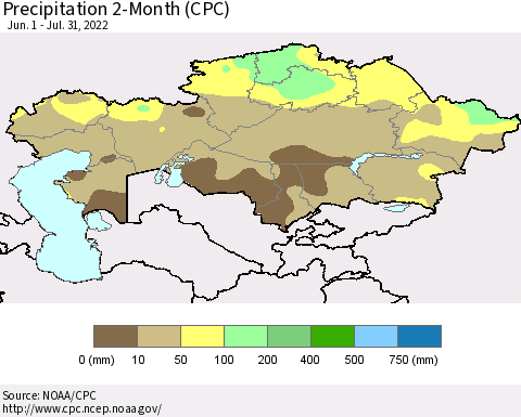 Kazakhstan Precipitation 2-Month (CPC) Thematic Map For 6/1/2022 - 7/31/2022