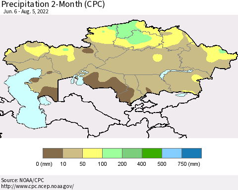 Kazakhstan Precipitation 2-Month (CPC) Thematic Map For 6/6/2022 - 8/5/2022