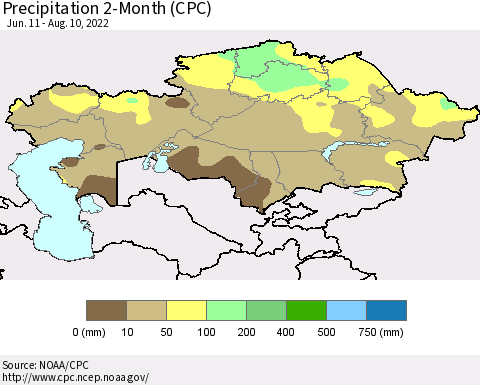 Kazakhstan Precipitation 2-Month (CPC) Thematic Map For 6/11/2022 - 8/10/2022