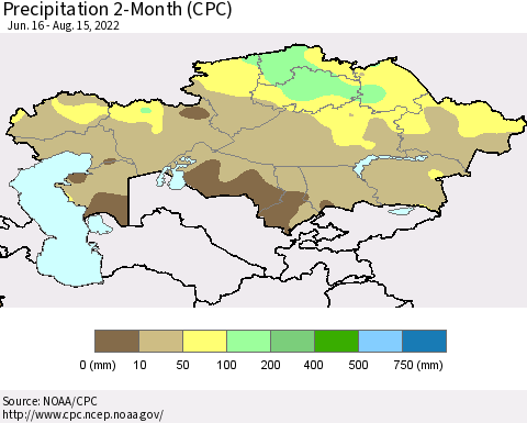 Kazakhstan Precipitation 2-Month (CPC) Thematic Map For 6/16/2022 - 8/15/2022
