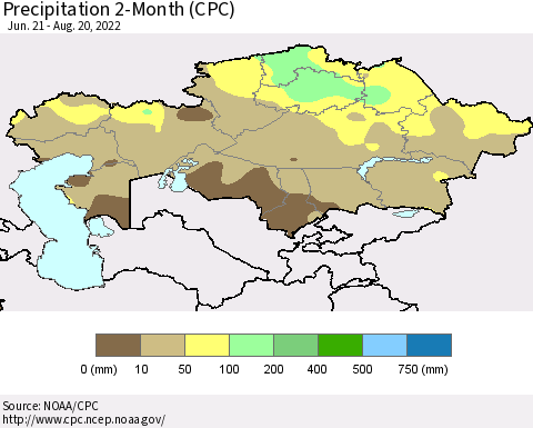 Kazakhstan Precipitation 2-Month (CPC) Thematic Map For 6/21/2022 - 8/20/2022