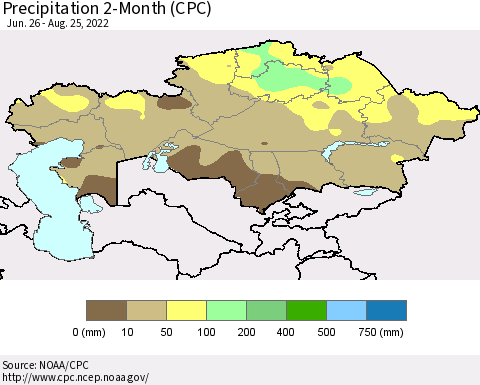 Kazakhstan Precipitation 2-Month (CPC) Thematic Map For 6/26/2022 - 8/25/2022