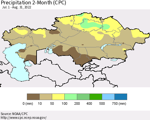 Kazakhstan Precipitation 2-Month (CPC) Thematic Map For 7/1/2022 - 8/31/2022