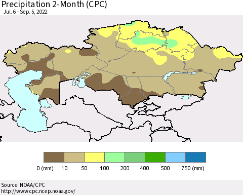 Kazakhstan Precipitation 2-Month (CPC) Thematic Map For 7/6/2022 - 9/5/2022