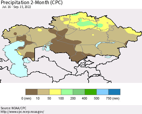 Kazakhstan Precipitation 2-Month (CPC) Thematic Map For 7/16/2022 - 9/15/2022
