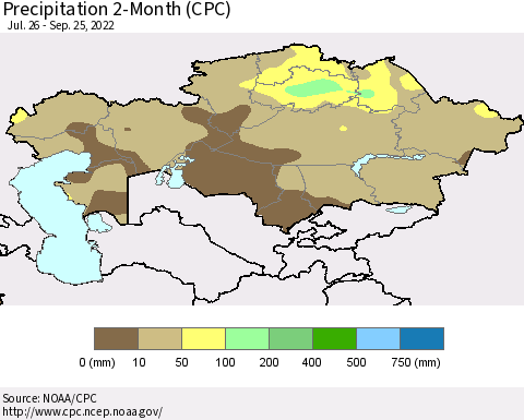Kazakhstan Precipitation 2-Month (CPC) Thematic Map For 7/26/2022 - 9/25/2022