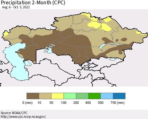 Kazakhstan Precipitation 2-Month (CPC) Thematic Map For 8/6/2022 - 10/5/2022