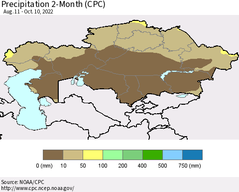 Kazakhstan Precipitation 2-Month (CPC) Thematic Map For 8/11/2022 - 10/10/2022