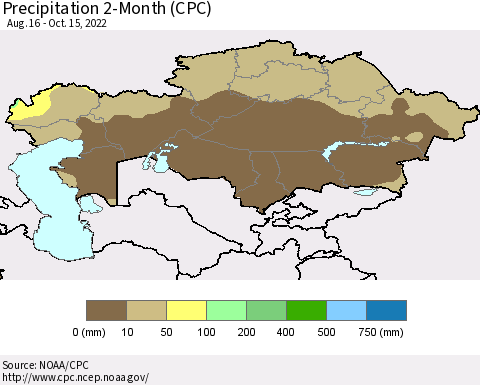 Kazakhstan Precipitation 2-Month (CPC) Thematic Map For 8/16/2022 - 10/15/2022