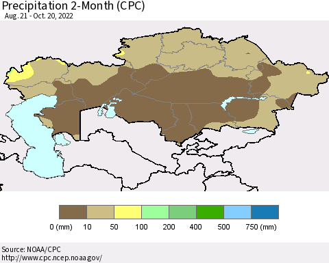 Kazakhstan Precipitation 2-Month (CPC) Thematic Map For 8/21/2022 - 10/20/2022