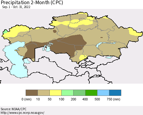 Kazakhstan Precipitation 2-Month (CPC) Thematic Map For 9/1/2022 - 10/31/2022