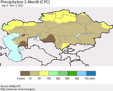 Kazakhstan Precipitation 2-Month (CPC) Thematic Map For 9/6/2022 - 11/5/2022