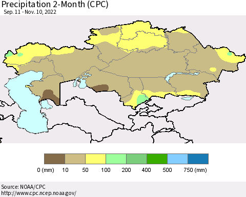 Kazakhstan Precipitation 2-Month (CPC) Thematic Map For 9/11/2022 - 11/10/2022