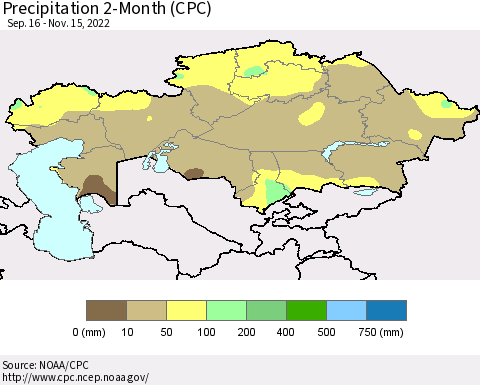 Kazakhstan Precipitation 2-Month (CPC) Thematic Map For 9/16/2022 - 11/15/2022