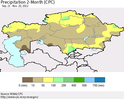 Kazakhstan Precipitation 2-Month (CPC) Thematic Map For 9/21/2022 - 11/20/2022