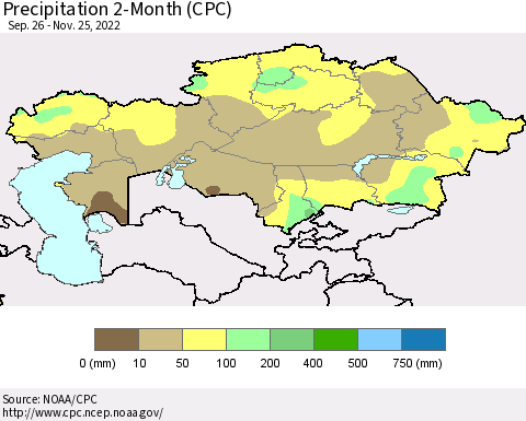 Kazakhstan Precipitation 2-Month (CPC) Thematic Map For 9/26/2022 - 11/25/2022