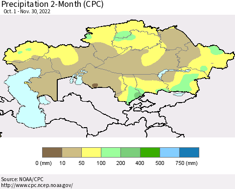 Kazakhstan Precipitation 2-Month (CPC) Thematic Map For 10/1/2022 - 11/30/2022