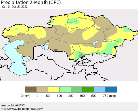 Kazakhstan Precipitation 2-Month (CPC) Thematic Map For 10/6/2022 - 12/5/2022