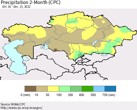 Kazakhstan Precipitation 2-Month (CPC) Thematic Map For 10/16/2022 - 12/15/2022