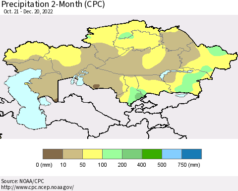 Kazakhstan Precipitation 2-Month (CPC) Thematic Map For 10/21/2022 - 12/20/2022