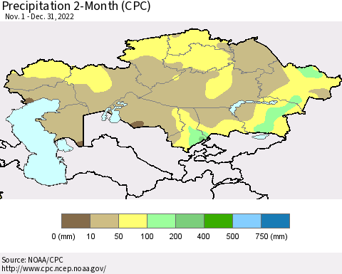 Kazakhstan Precipitation 2-Month (CPC) Thematic Map For 11/1/2022 - 12/31/2022