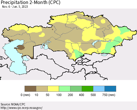 Kazakhstan Precipitation 2-Month (CPC) Thematic Map For 11/6/2022 - 1/5/2023