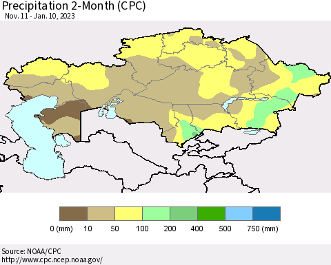Kazakhstan Precipitation 2-Month (CPC) Thematic Map For 11/11/2022 - 1/10/2023