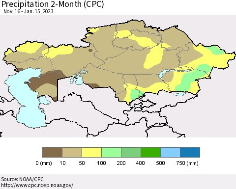 Kazakhstan Precipitation 2-Month (CPC) Thematic Map For 11/16/2022 - 1/15/2023