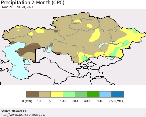 Kazakhstan Precipitation 2-Month (CPC) Thematic Map For 11/21/2022 - 1/20/2023