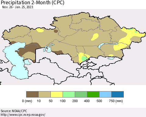 Kazakhstan Precipitation 2-Month (CPC) Thematic Map For 11/26/2022 - 1/25/2023