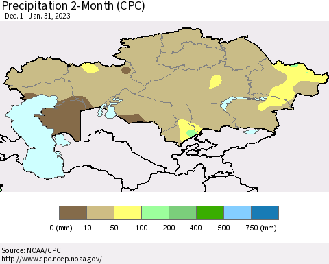 Kazakhstan Precipitation 2-Month (CPC) Thematic Map For 12/1/2022 - 1/31/2023