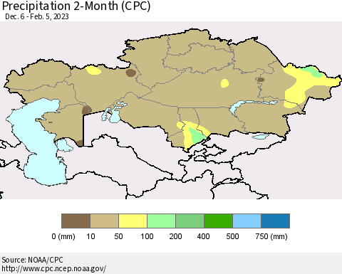 Kazakhstan Precipitation 2-Month (CPC) Thematic Map For 12/6/2022 - 2/5/2023