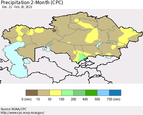 Kazakhstan Precipitation 2-Month (CPC) Thematic Map For 12/21/2022 - 2/20/2023