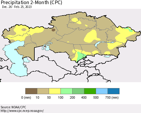 Kazakhstan Precipitation 2-Month (CPC) Thematic Map For 12/26/2022 - 2/25/2023