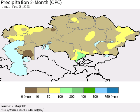 Kazakhstan Precipitation 2-Month (CPC) Thematic Map For 1/1/2023 - 2/28/2023