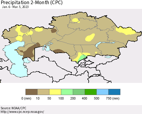 Kazakhstan Precipitation 2-Month (CPC) Thematic Map For 1/6/2023 - 3/5/2023