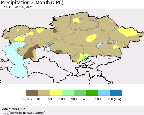 Kazakhstan Precipitation 2-Month (CPC) Thematic Map For 1/11/2023 - 3/10/2023