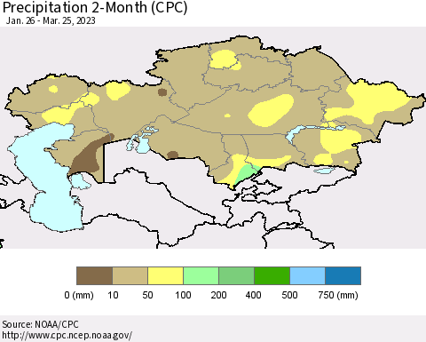 Kazakhstan Precipitation 2-Month (CPC) Thematic Map For 1/26/2023 - 3/25/2023