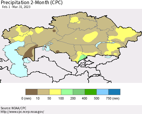 Kazakhstan Precipitation 2-Month (CPC) Thematic Map For 2/1/2023 - 3/31/2023