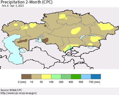 Kazakhstan Precipitation 2-Month (CPC) Thematic Map For 2/6/2023 - 4/5/2023