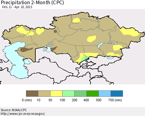 Kazakhstan Precipitation 2-Month (CPC) Thematic Map For 2/11/2023 - 4/10/2023