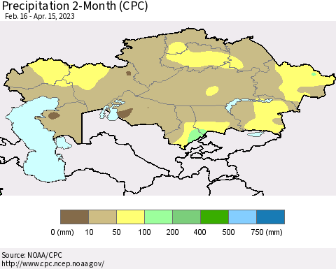 Kazakhstan Precipitation 2-Month (CPC) Thematic Map For 2/16/2023 - 4/15/2023