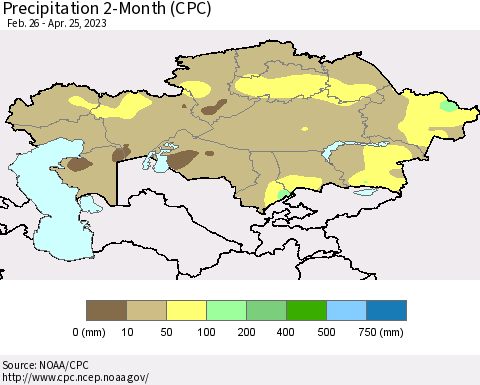 Kazakhstan Precipitation 2-Month (CPC) Thematic Map For 2/26/2023 - 4/25/2023