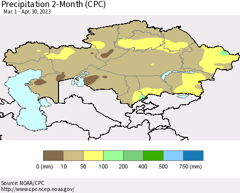 Kazakhstan Precipitation 2-Month (CPC) Thematic Map For 3/1/2023 - 4/30/2023