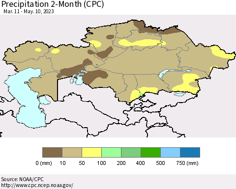 Kazakhstan Precipitation 2-Month (CPC) Thematic Map For 3/11/2023 - 5/10/2023
