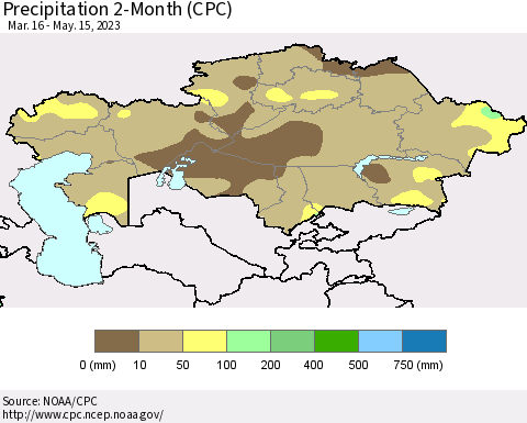 Kazakhstan Precipitation 2-Month (CPC) Thematic Map For 3/16/2023 - 5/15/2023