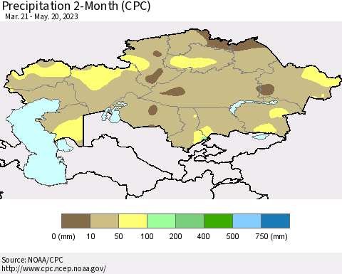 Kazakhstan Precipitation 2-Month (CPC) Thematic Map For 3/21/2023 - 5/20/2023