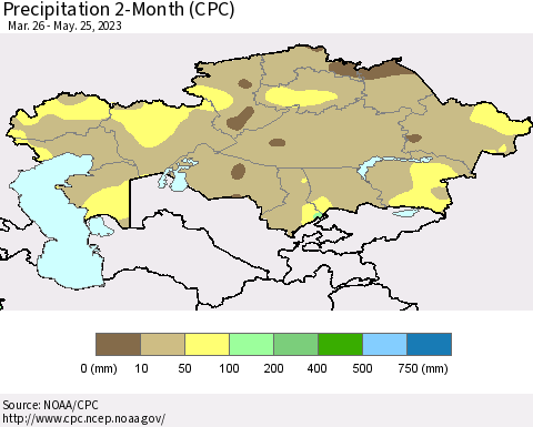 Kazakhstan Precipitation 2-Month (CPC) Thematic Map For 3/26/2023 - 5/25/2023